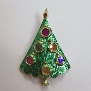 BJ Beatrix Gold Tone Green Enamel Christmas Tree Colorful Ornaments Brooch Pin